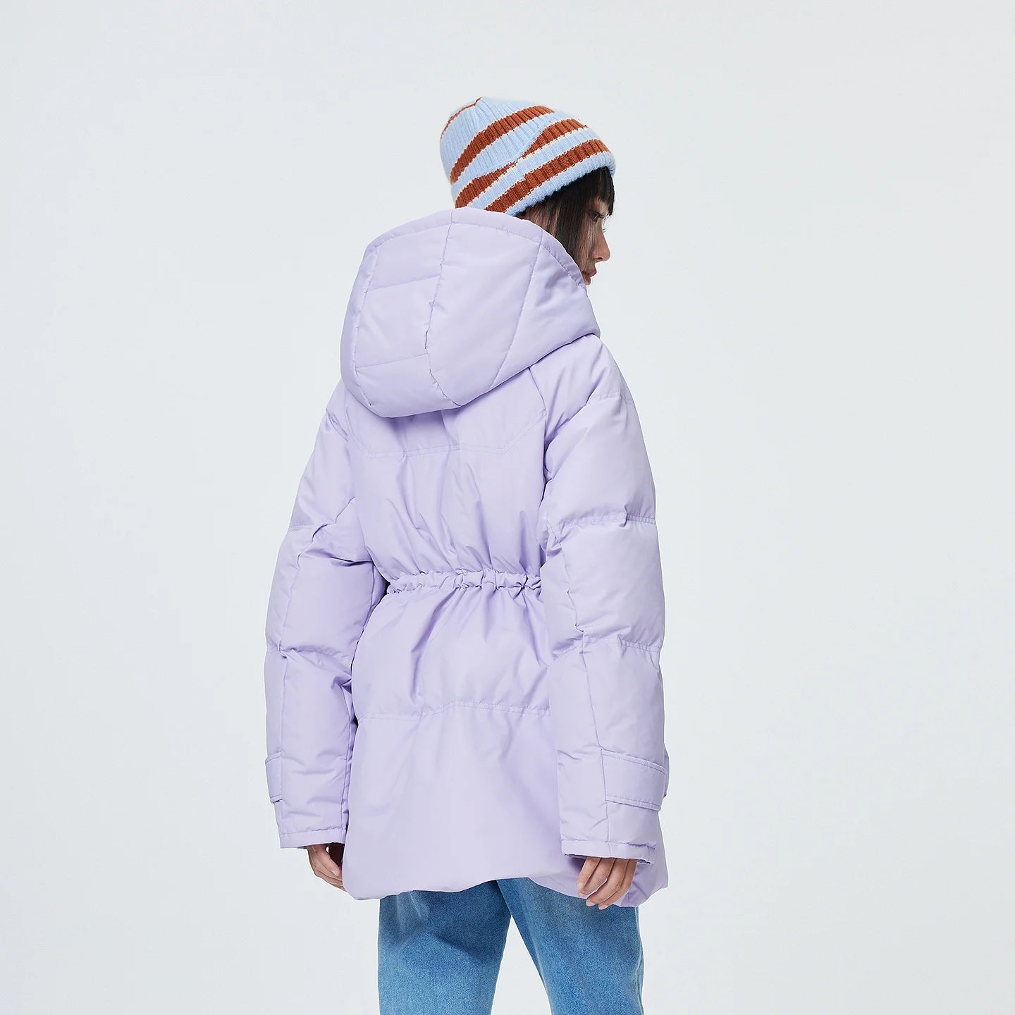 Metersbonwe Women's  Oversized Long Hooded Down Jacket Adjustable Pig Nose Buckle Waist Belt Utility Duck Down Parka Warm Winter