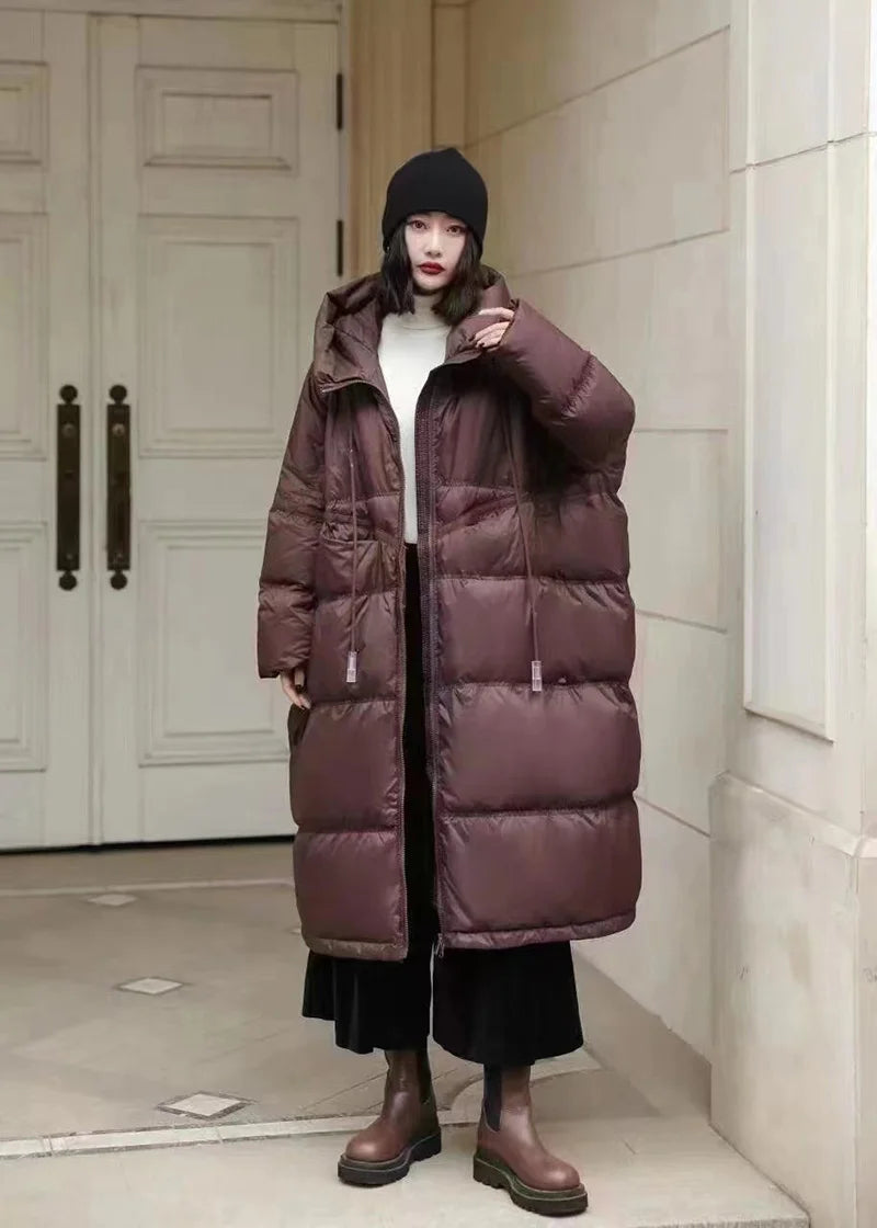 Schinteon Women White Duck Down Jacket with Hood Autumn Winter Warm Long Outwear Over Size Loose Coat 2025 New