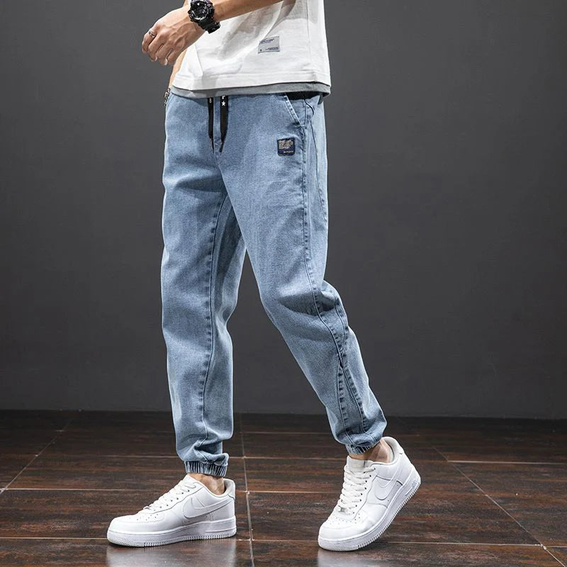 men Large size elastic workwear jeans Male ankle tied Harlan pants Straight Loose Large Size M-8XL size trendy loose Trousers