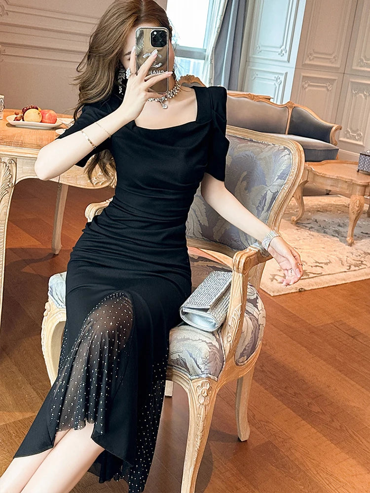 Women‘s Fashion French Retro Maxi Dress Woman Elegant Black Skinny Fishtail Robe Evening Party Vestidos Prom Banquet Gown Female