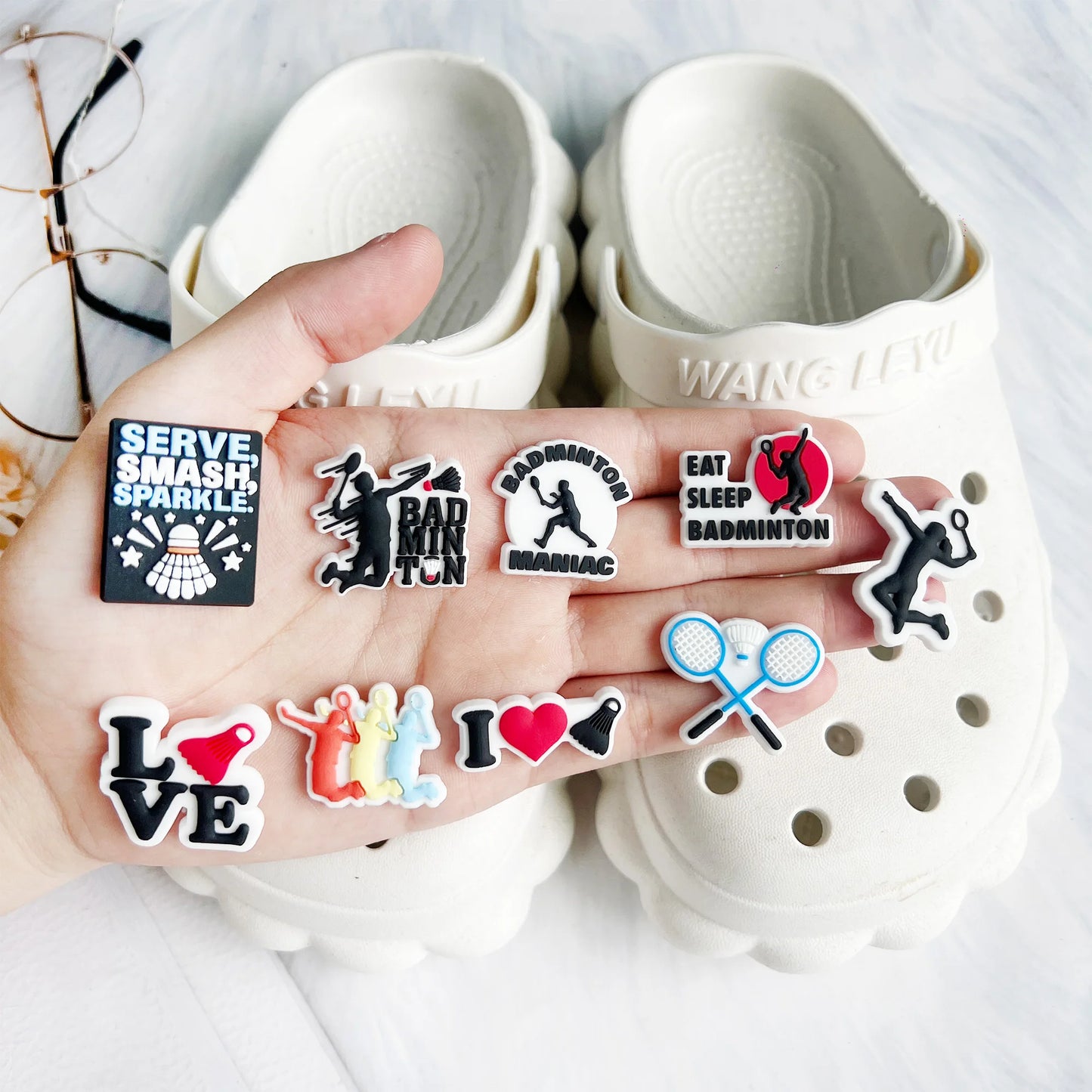 1-9PCS Sport Love Badminton Maniac PVC Shoe Charms For Clogs Pins Fit Wristbands Garden Shoes Button Decorations Kid Gift