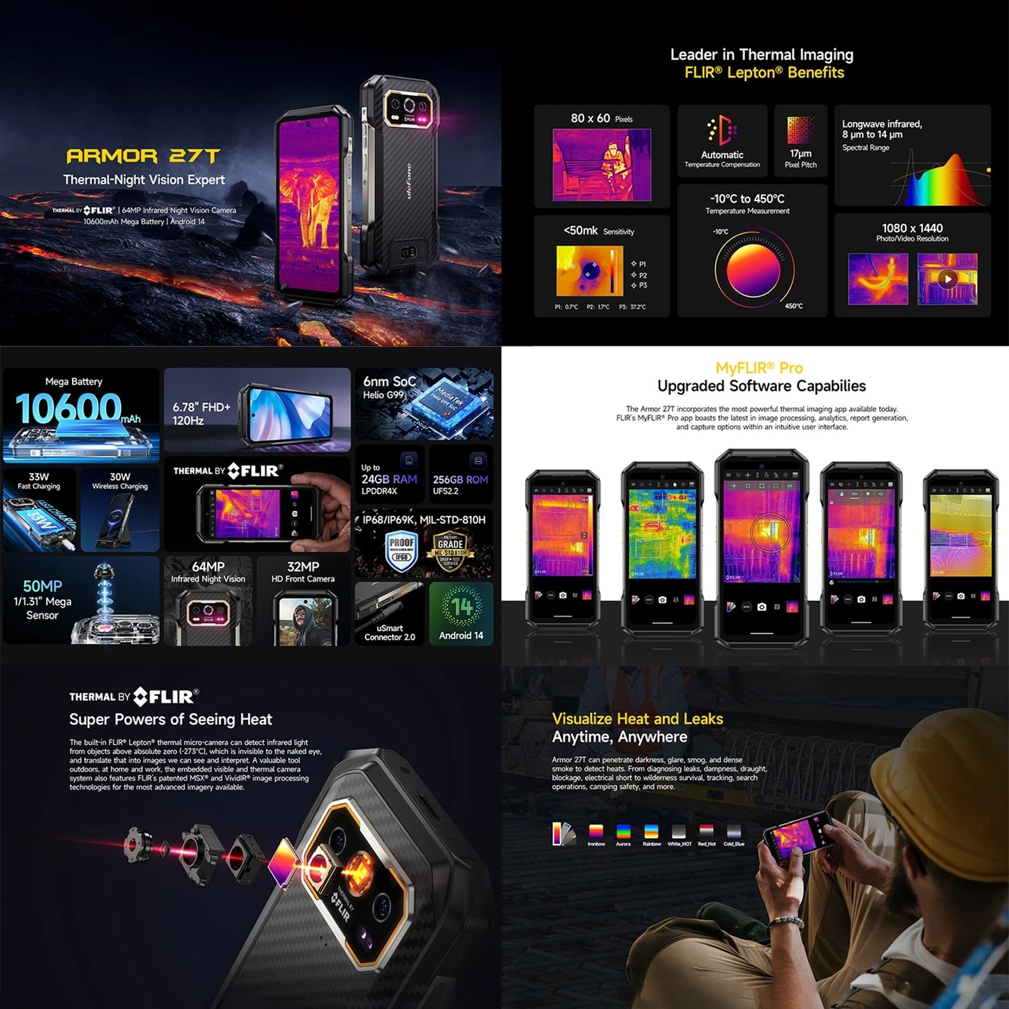 Ulefone Armor 27T Rugged Phone Thermal Imager 12GB+256GB 10600mAh 6.78'' Android 14 Helio G99 Night Vision 4G NFC Smartphone