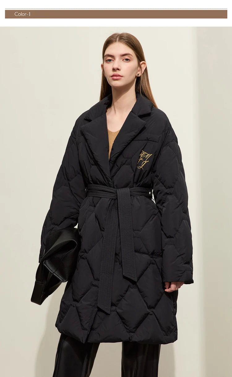 AMII Minimalism Down Jacket For Women 2025 New Blazer Collar Winter Lightweight Thermal Belt Diamond Solid Coat Female 12344061