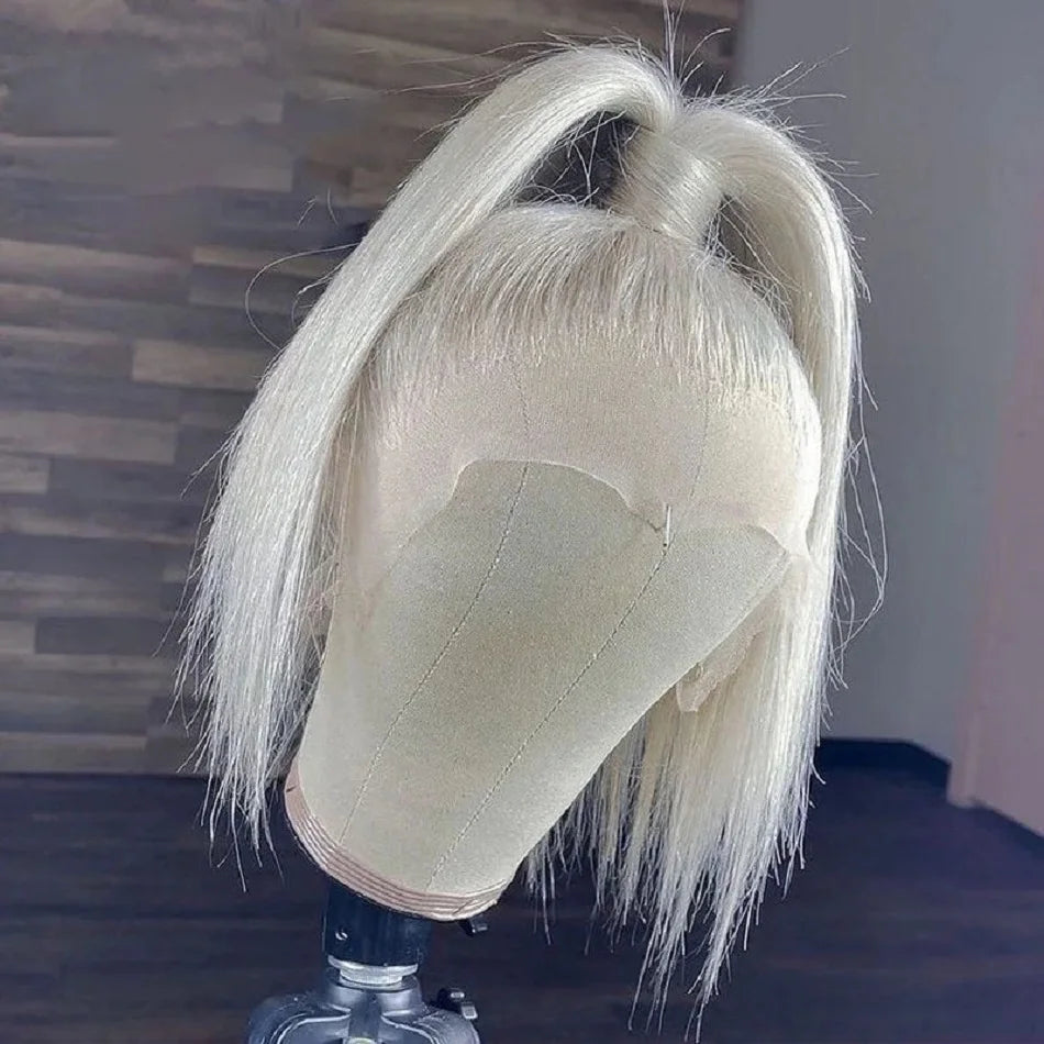 Platinum Blonde Short Bob Human Hair Lace Front Wigs for Women White Colored 60 Brazilian Straight Lace Closure Wigs Pre Plucked