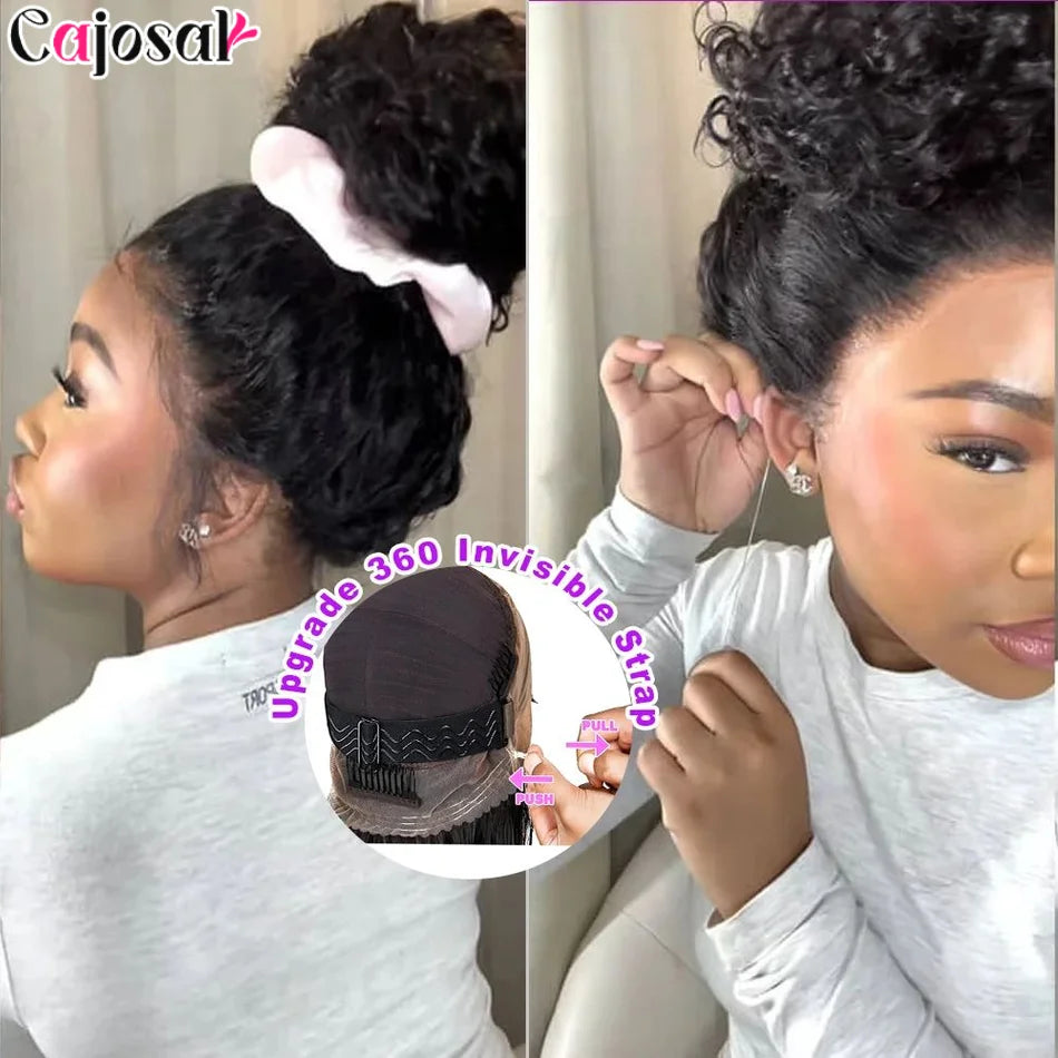 250 Density Invisi Strap 360 Full Lace Frontal Kinky Curly Wig 30 inch Black Human Hair Drawstring Snug Water Wig Preplucked