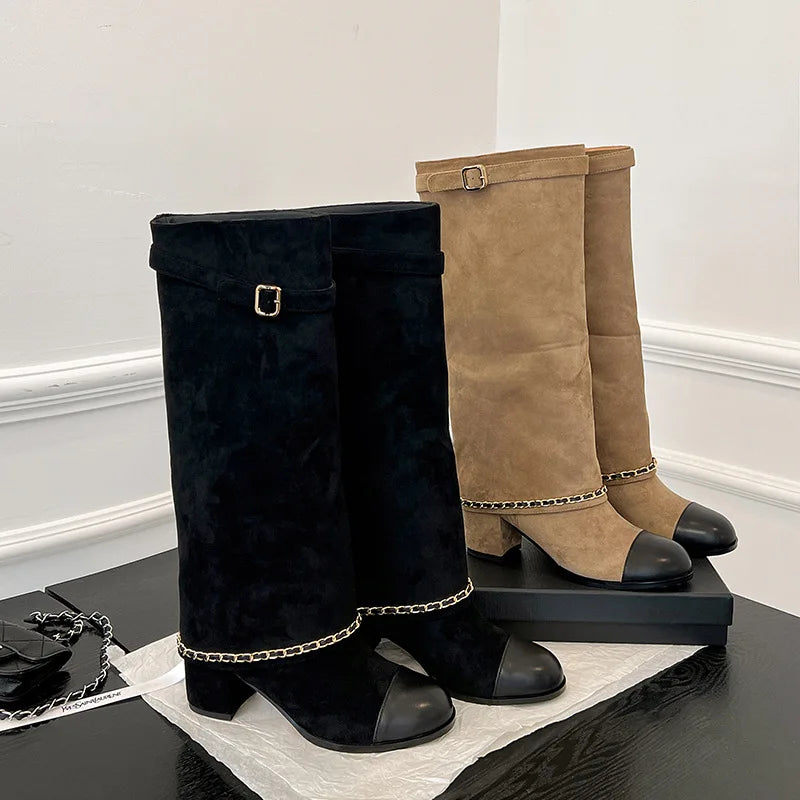 Arden Furtado 2024 Cowhide Mixed Colors Knee high boots Round toe Suede Pull-on Turned-over Edge Chunky heels Modern boots