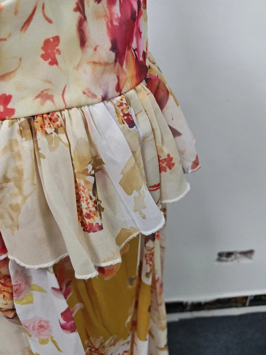 VGH Runway Style Maxi Dresses for Women V Neck Sleeveless High Waist Patchwork Ruffles Edge French Sexy Printed Dress Female New