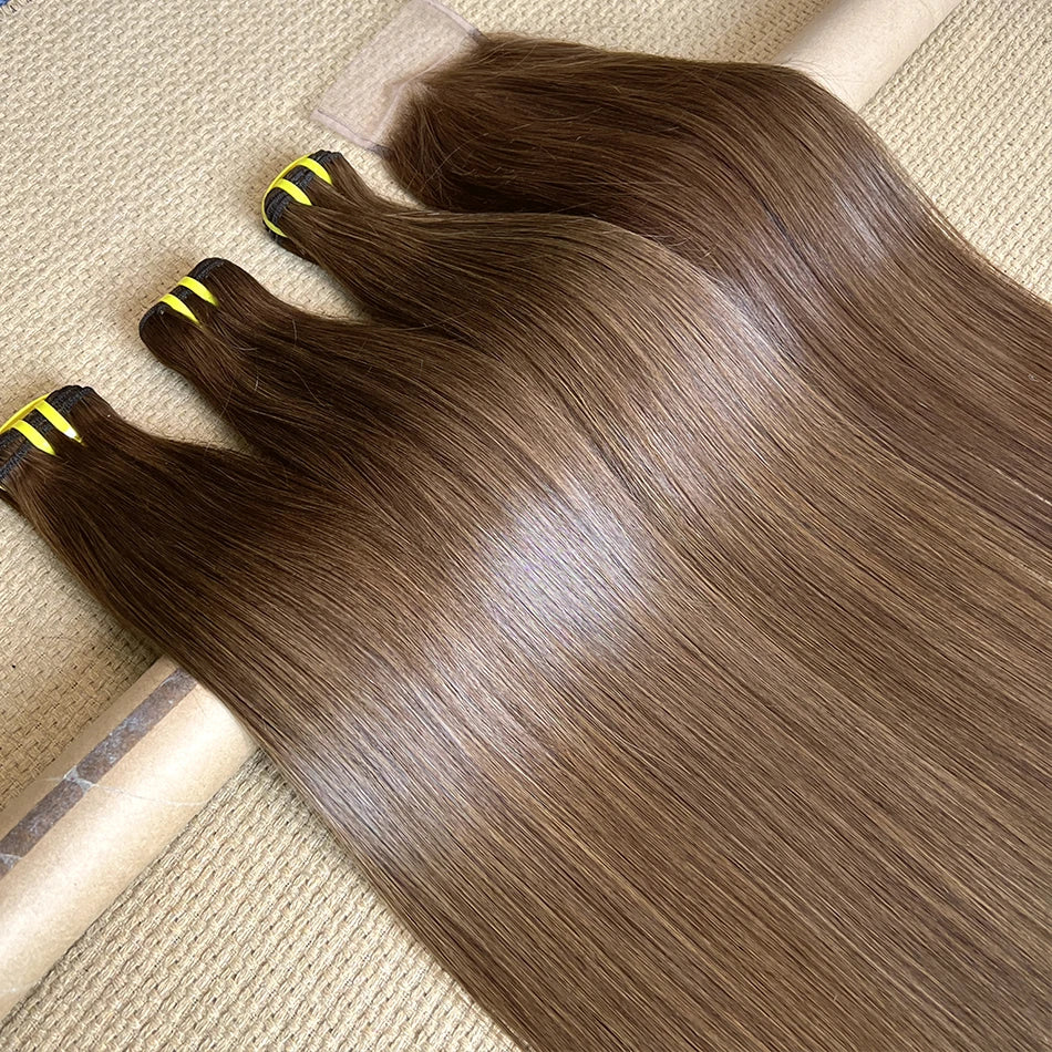 Yiwigs #4 Colored Light Brown 100% Raw Virgin Human Hair Bundles With 4x6 Transparent Lace Closure Hair Weave Extensions