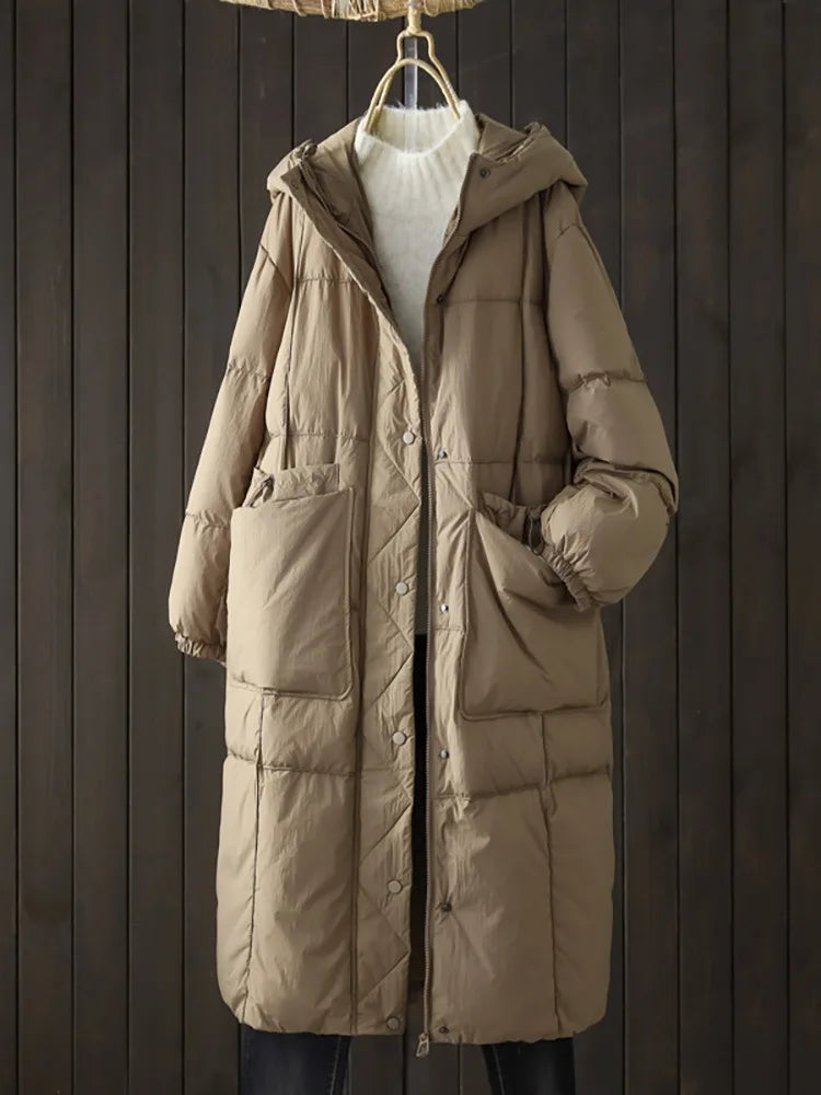 Schinteon Women White Duck Down Long Jacket Casual Loose Autumn Winter Outwear with Hood Warm Coat Big Pockets 2024 Korean Style