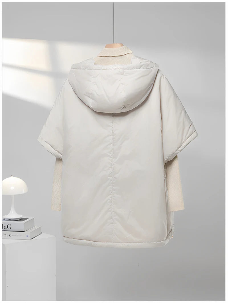 Schinteon Women Camel Down Cape Vest with Hood Loose Sleeveless Gilet Solid Fashionable Autumn Winter Jacket 2025 New