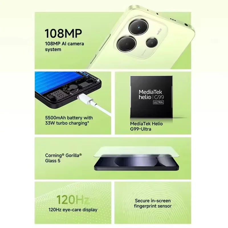 Xiaomi Redmi Note 14 4G NFC helium G99-Ultra 6,67 ''AMOLED screen 120 Hz 108 MP IA camera 5500 mAh battery,Charger Not Included