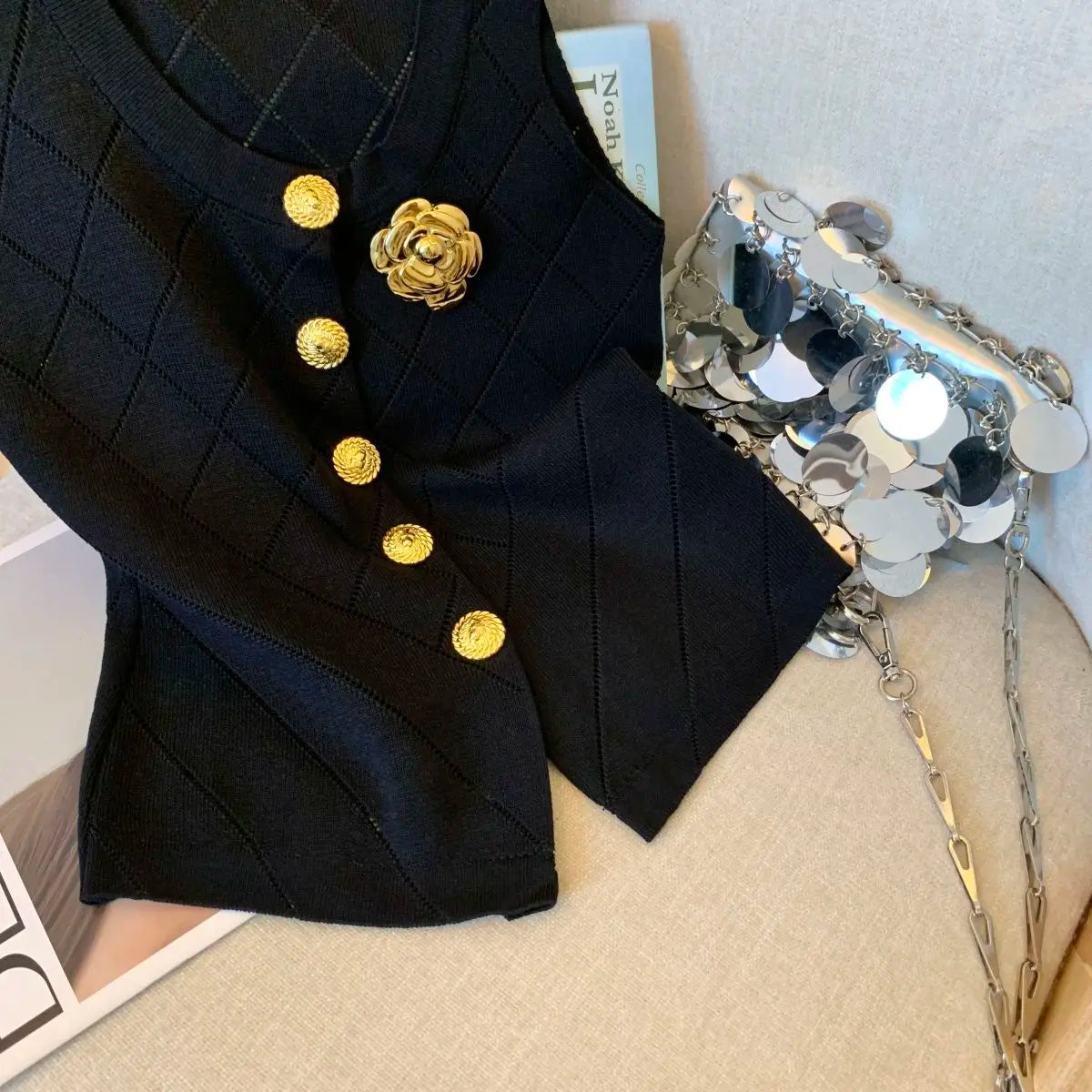 Women Clothes Stylish Vintage Elegant Luxury Chic Hollow Button Knitted Vest Summer V Neck Sleeveless Black White Slim Tank Tops