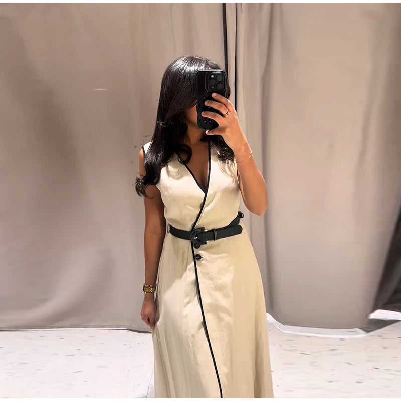 Y2K Patchwork V-neck Midi Dress With Belt Women Elegant Sleeveless Evening Party Tank Dress Summer Vacation Chic Beach Vestidos