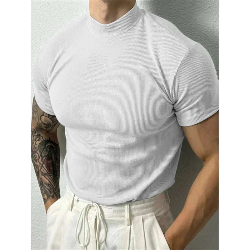 spring summer Elastic Comfortable Men's T-shirt Small high collar stripe shirt short sleeve fitness tops sports casual T-shirt