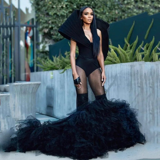 New Couture Maxi Dresses Soft Tulle Mermaid Long Party Dress Layered Black Custom Made Cloak Stand Design Prom Gowns Tierred