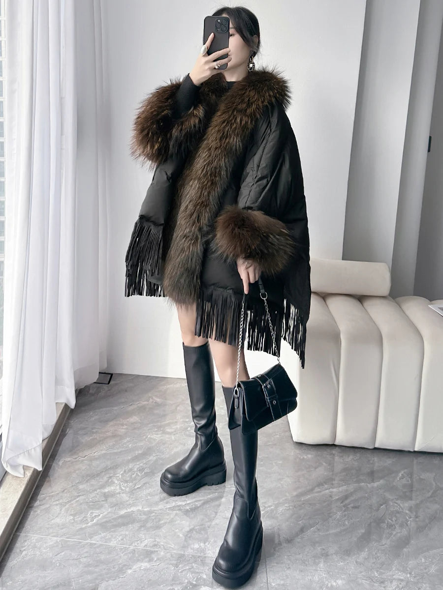 Down jacket for women in winter 2024, new cloak, oversized fur collar, medium to long loose white duck down jacket