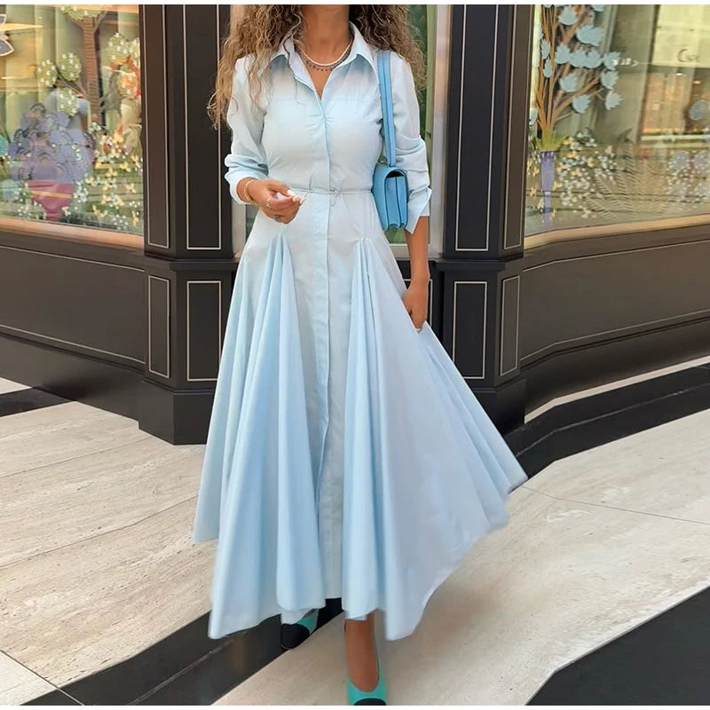 Elegant Single Breasted Khaki Long Dress Women Lapel Short Sleeve Pleat Slim Waist A-line Dresses 2025 Summer Autumn Lady Robes