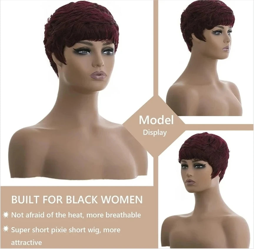 99J Colored Short Straight Bob Pixie Human Hair Wig Full Machine Made For Women Brazilian Remy Hair Burgundy Red Bob Wigs