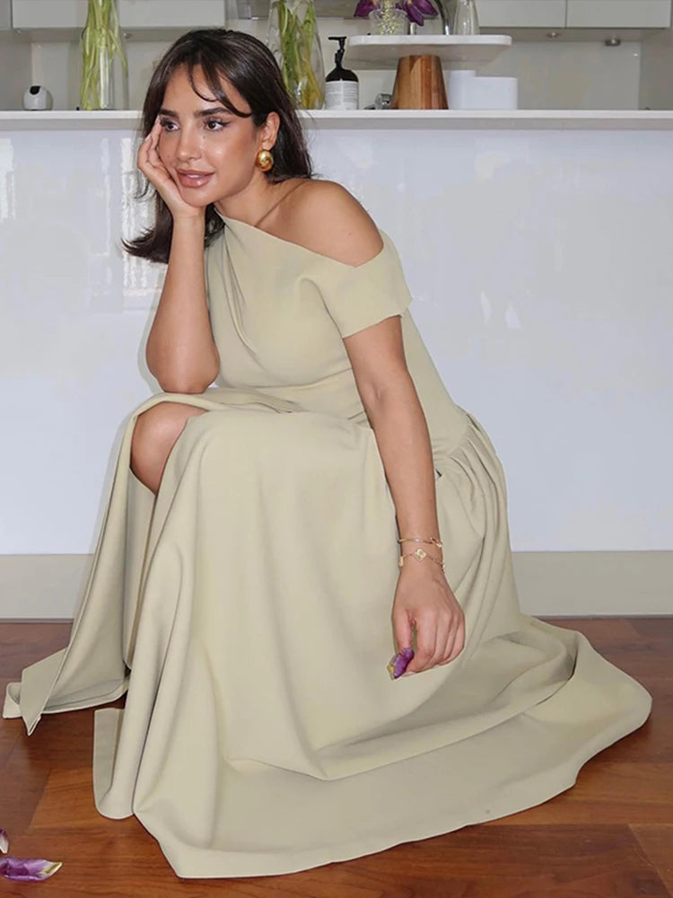 Summer Lady Patchwork Pleated Maxi Dress Chic Elegant Black Half-turtleneck Short Sleeve High Waist Dresses Office Street Robes