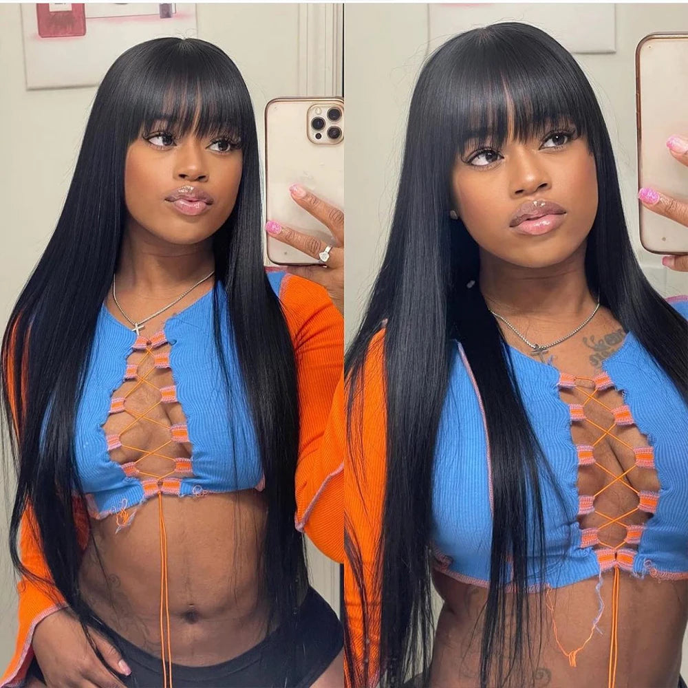 Silkwave Bone Straight Human Hair With Bangs 3x1 Lace Middle Part Wigs For Black Women Brazilian 30 32 Inch Cheap Glueless Wig