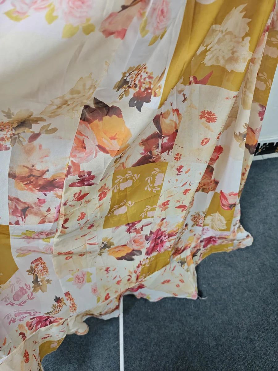 VGH Runway Style Maxi Dresses for Women V Neck Sleeveless High Waist Patchwork Ruffles Edge French Sexy Printed Dress Female New