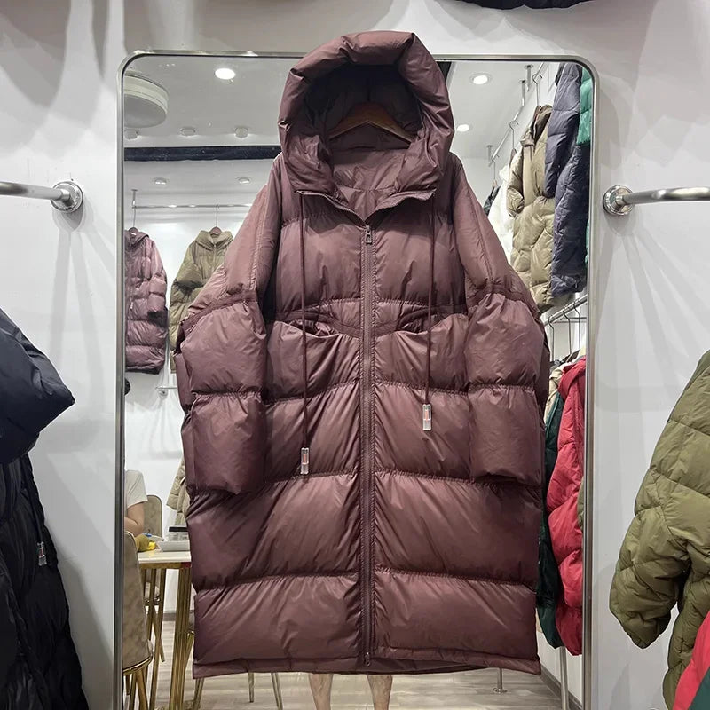 Schinteon Women White Duck Down Jacket with Hood Autumn Winter Warm Long Outwear Over Size Loose Coat 2025 New