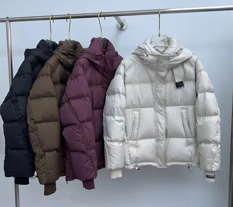 Schinteon Women White Duck Down Jacket with Hood Autumn Winter Warm Outwear Korean Style Over Size Loose Solid Color Coat 2025