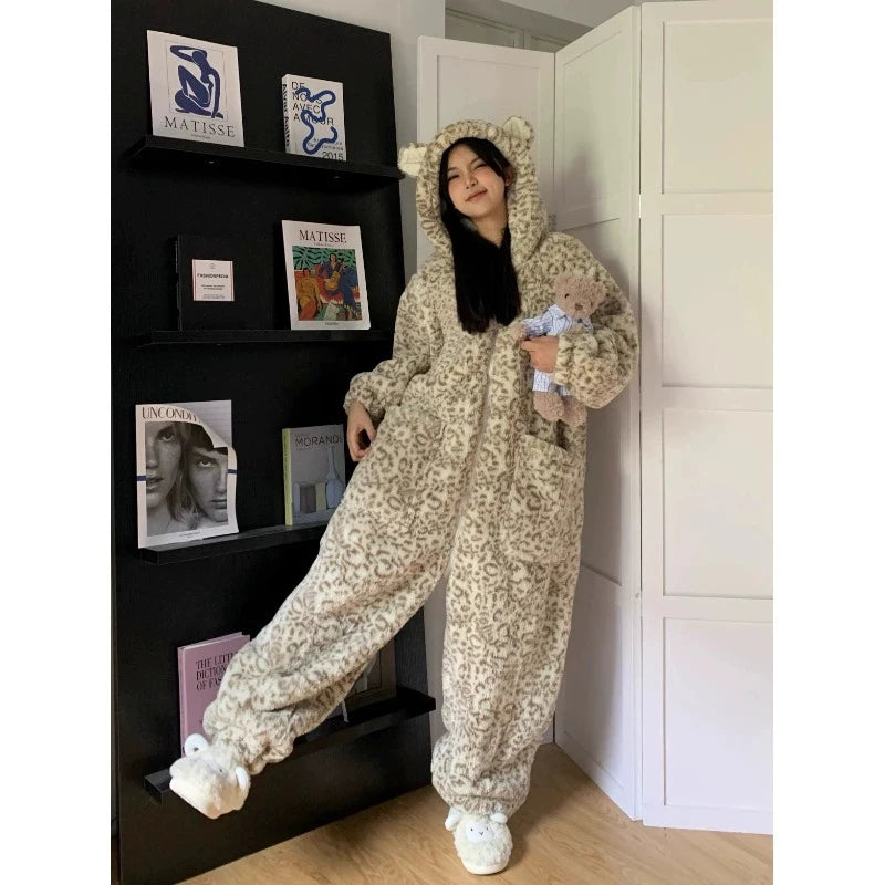 Leopard Hooded Pajamas Animal Kigurumi Unicorn Adult Onesies for Women Winter Sleepwear Flannel Pochets Overall Sets Slippers