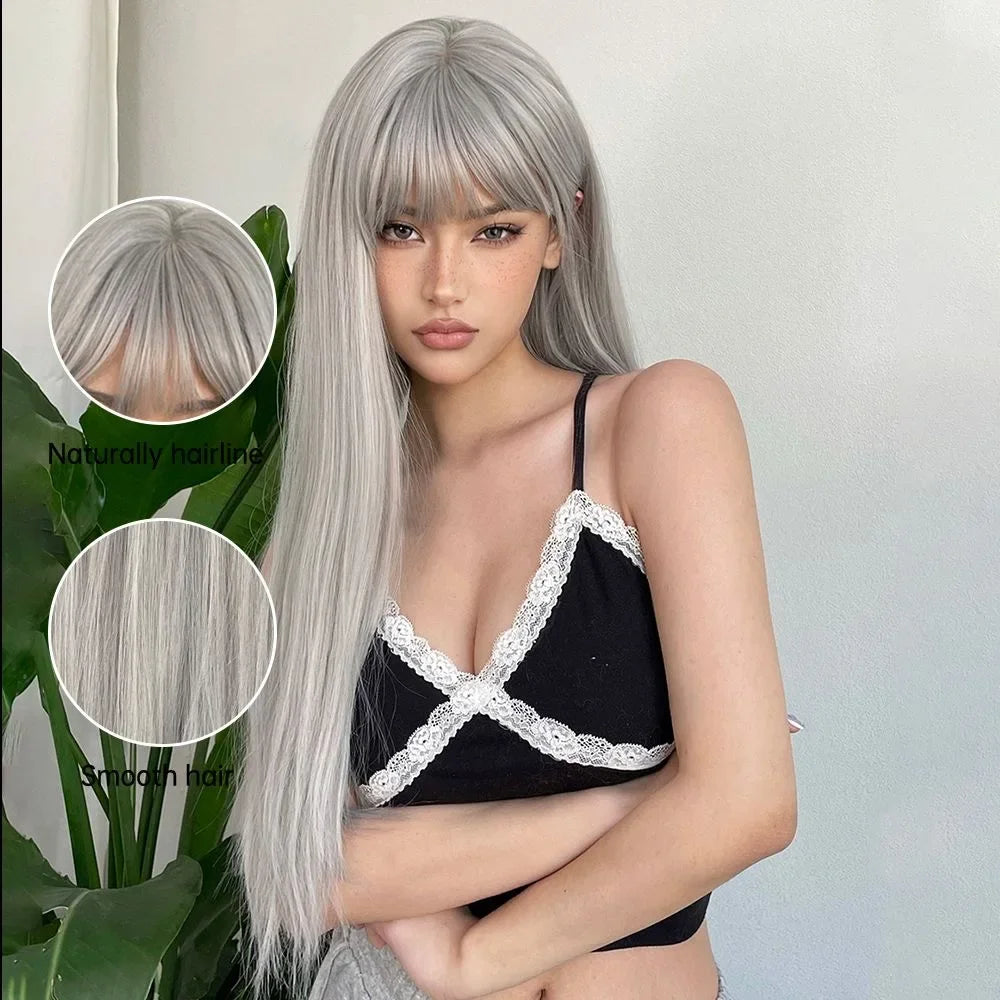 Grandma's Grey Synthetic Wig, Natural Bangs, Long Straight Hair, White Women's Daily Cosplay, Heat-Resistant Full Head Cover