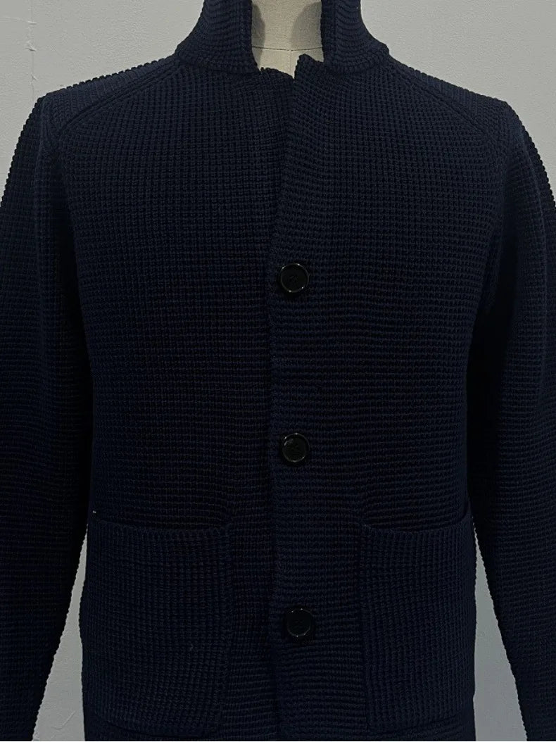 Sweaters Cardigan Men Coat Stand Collar Knitted Open Stitch Full Sleeve Splice Single Breasted Sweater Coats Autumn Winter