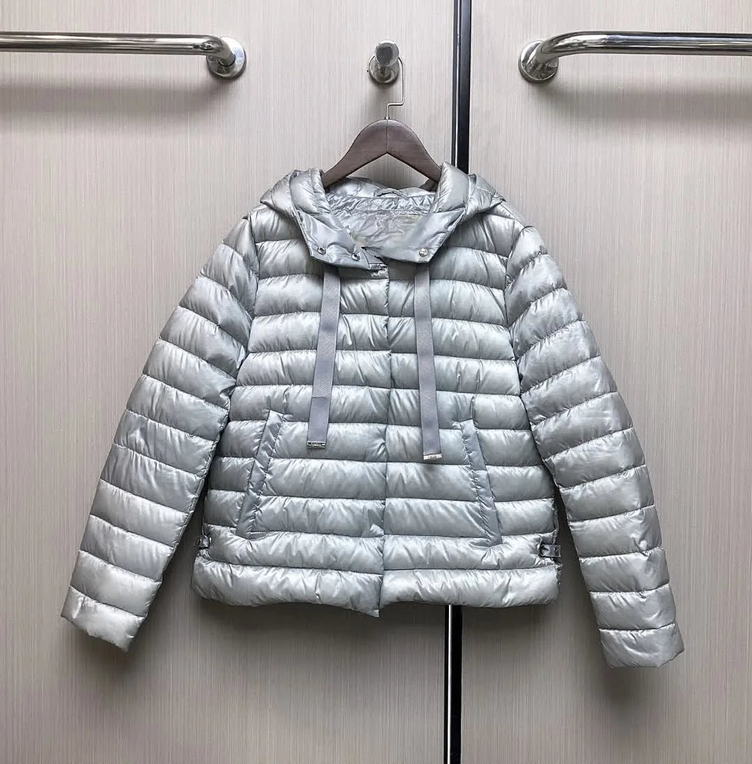 2025H new style pure color drawstring hooded temperament commuting light and thin down jacket