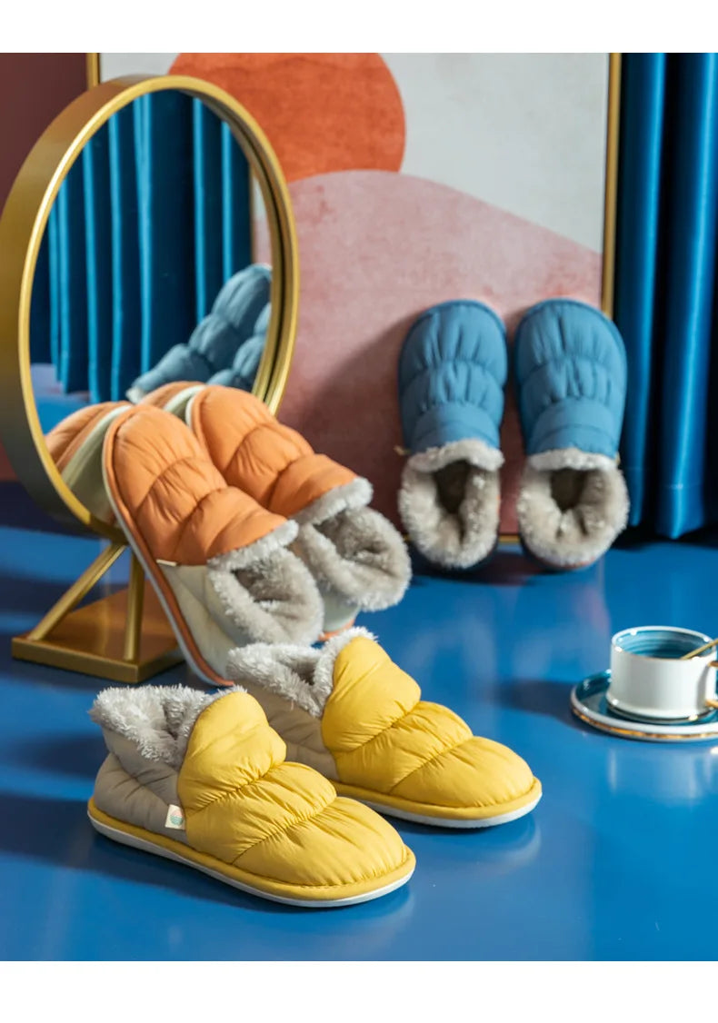 WDZKN Fashion Women Home Cotton Shoes Winter Warm Plush Slip On Slippers Waterproof Down Soft Bottom Indoor Couple Outside Shoes