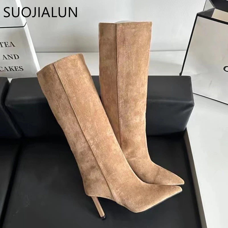 SUOJIALUN Brand Women Long Boots Fashion Pointed Toe Slip On Ladies Elegant Knee-high Boots Thin High heel Outdoor Dress Pumps