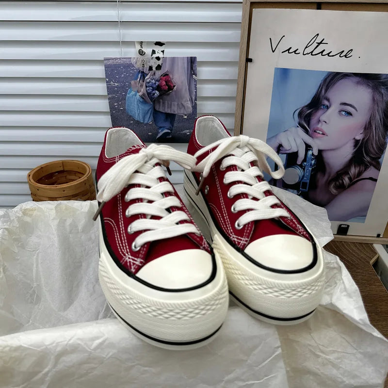 2024 New Style Korean Versatilewine Red High Top Shiny Canva Women's Shoes With Thick Sole 4CM Low Top Sneaker H-1