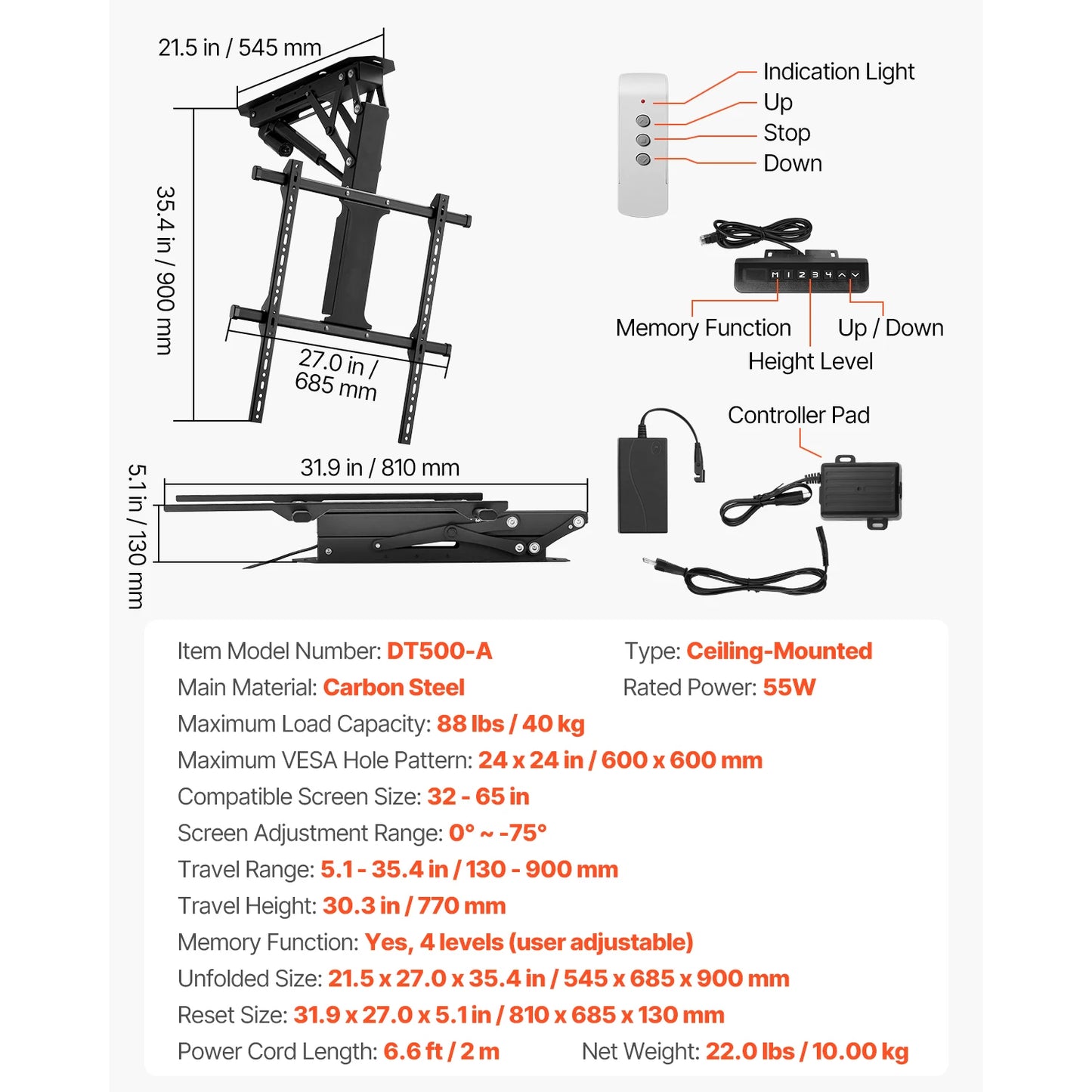 SucceBuy Motorized TV Wall Mount for 32 to 55/65/70 Inch Adjustable TV Mount Bracket w/ Max VESA 24 x 16/24 in Up to 88-132 lbs