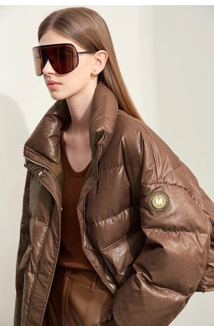 AMII Minimalist Women's Down Coat 2024 Winter Warm Thick Lapel Stand Collar Imitation Leather Duck Down Female Jacket 12444025
