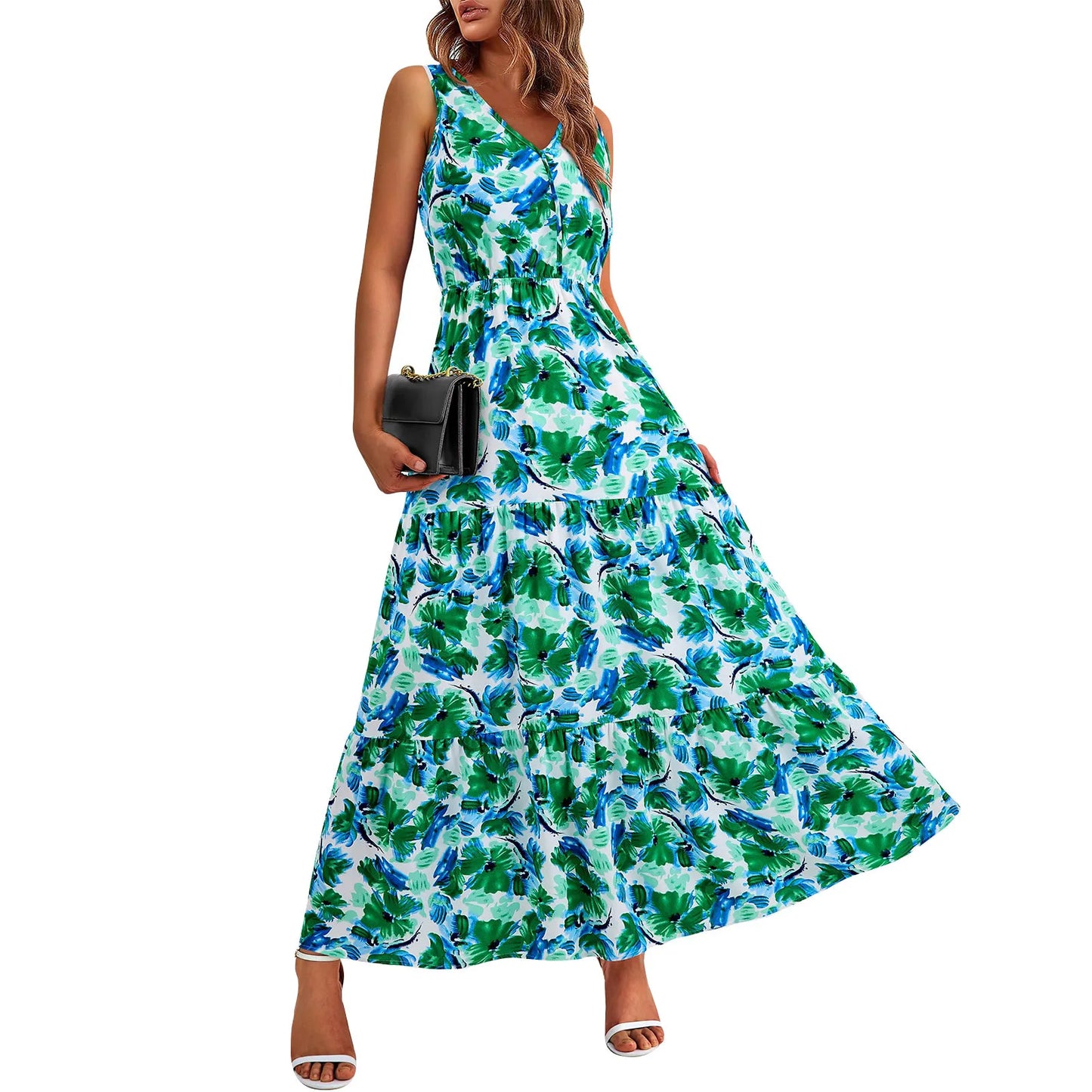 Maxi Dresses For Women Summer Tiered Ruffle Print Boho Beach Ladies Vestidos Evening Party Elegant Dress Vintage Long Dress
