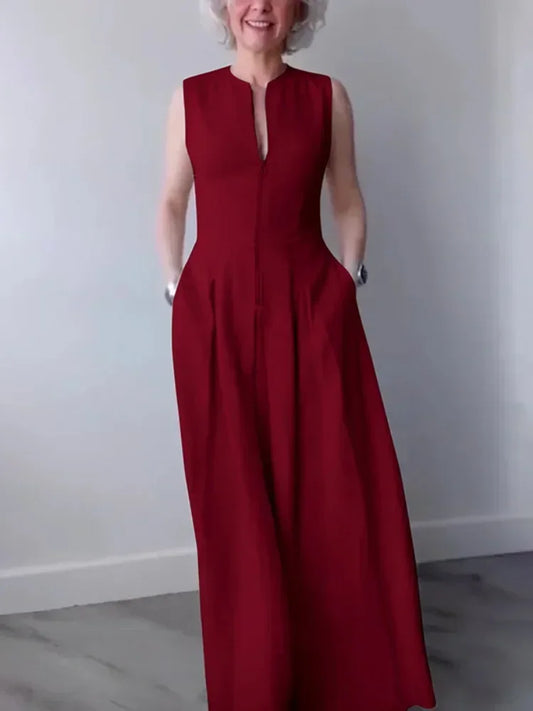 Lemongor Women Fashion Solid Color Zipper A-Line Dress 2025 New Summer Sleeveless Pockets Pleated Party Evening Maxi Dresses