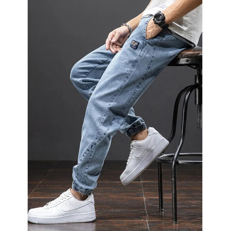 men Large size elastic workwear jeans Male ankle tied Harlan pants Straight Loose Large Size M-8XL size trendy loose Trousers