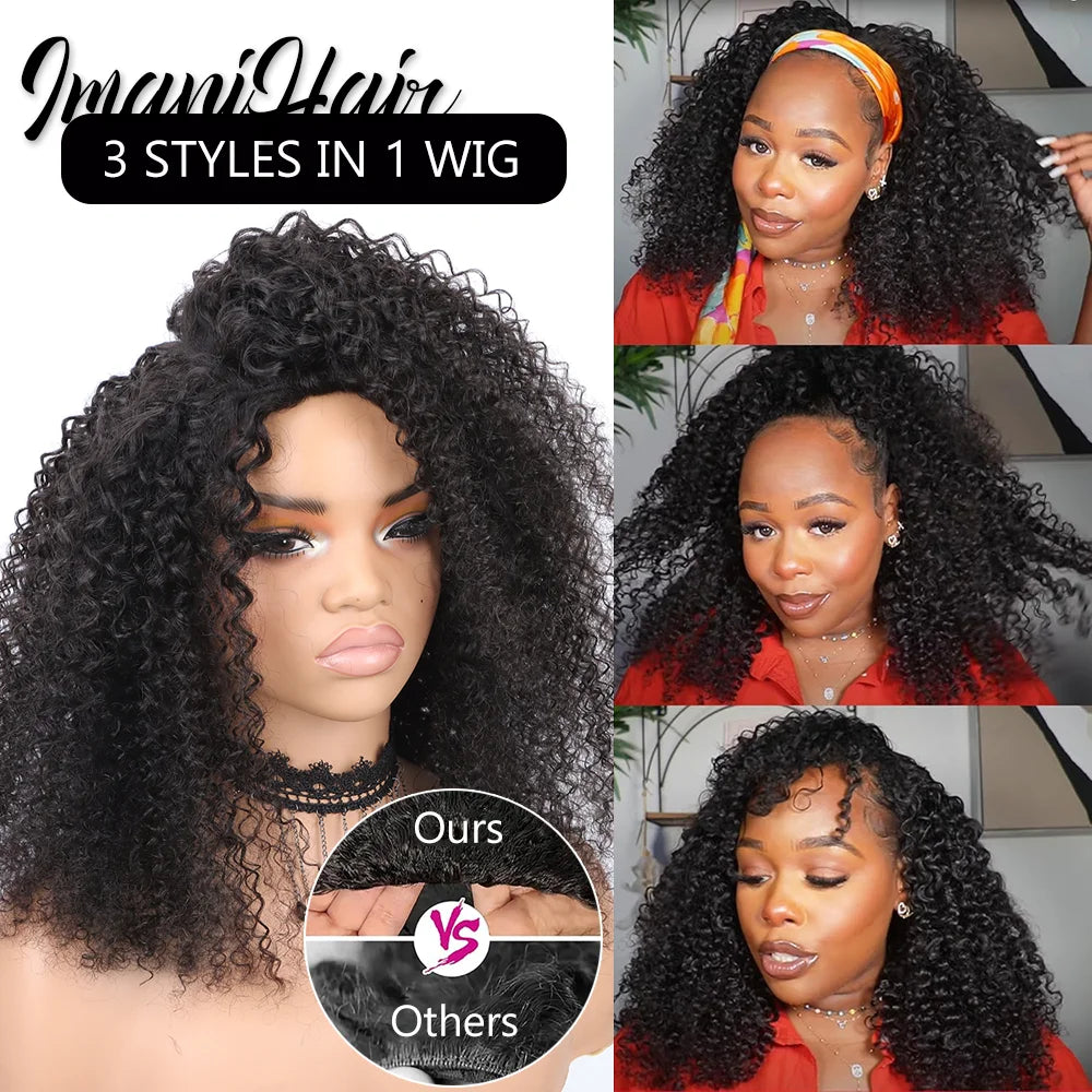 Kinky Curly Half Wig Human Hair Wear And Go Glueless Wigs Curly 3 In1 Wigs for Women Drawstring Seamless Flip Over Glueless Wigs