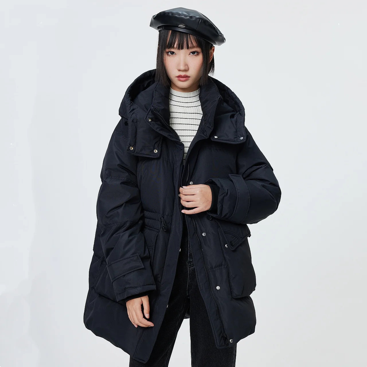 Metersbonwe Women's  Oversized Long Hooded Down Jacket Adjustable Pig Nose Buckle Waist Belt Utility Duck Down Parka Warm Winter