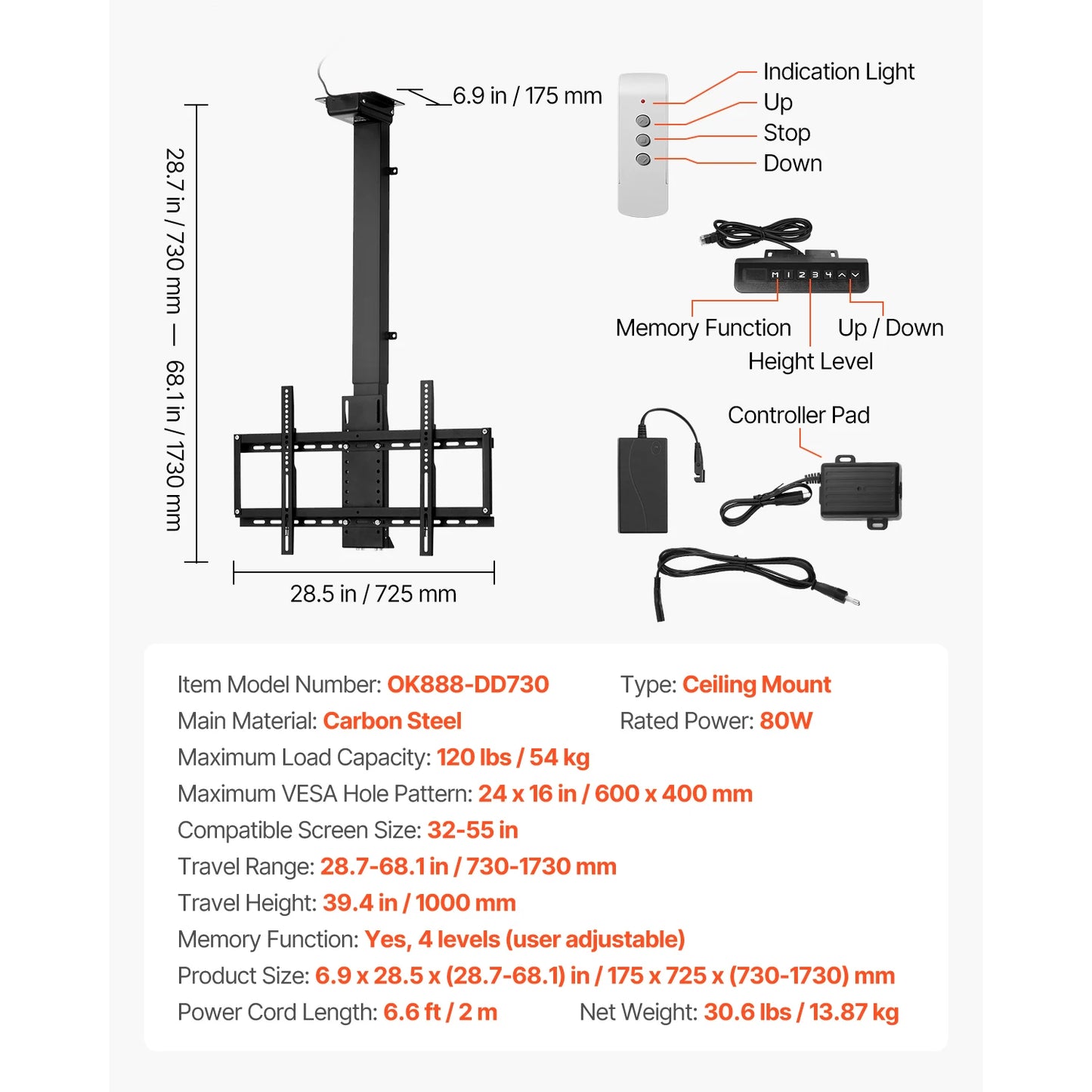 SucceBuy Motorized TV Wall Mount for 32 to 55/65/70 Inch Adjustable TV Mount Bracket w/ Max VESA 24 x 16/24 in Up to 88-132 lbs