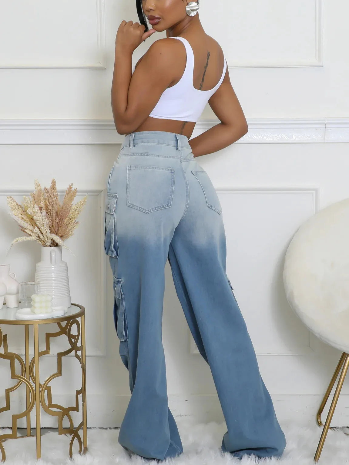 Women Denim Trousers Fashionable Solid Color Versatile Multi-pocket Casual Pants Ladies Large Size High Waist Denim