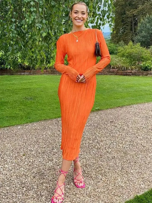 2024 Autumn Elegant Bodycon Dress Women Sexy Solid O Neck Flare Sleeves Long Summer Dresses Holiday Vestidos Black Red Orange
