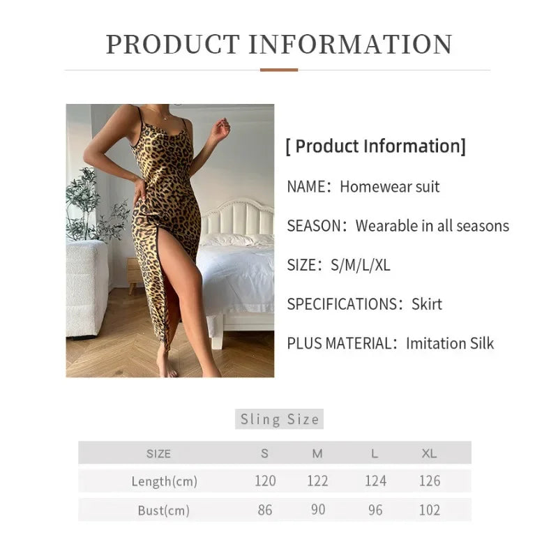 Fashion Backless Slit Ice Silk Camisole Skirt Nightgown Women's Summer Thin Breathable Imitation Silk Sexy Leopard Print Pajamas