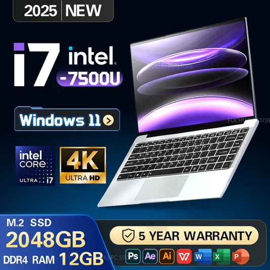 2025NEW Laptop  Windows 11 Notebook computer14.1" Intel Core i7 7500U 12GB RAM 512GB/1TB SSD 1920*1080P Office Study PC computer