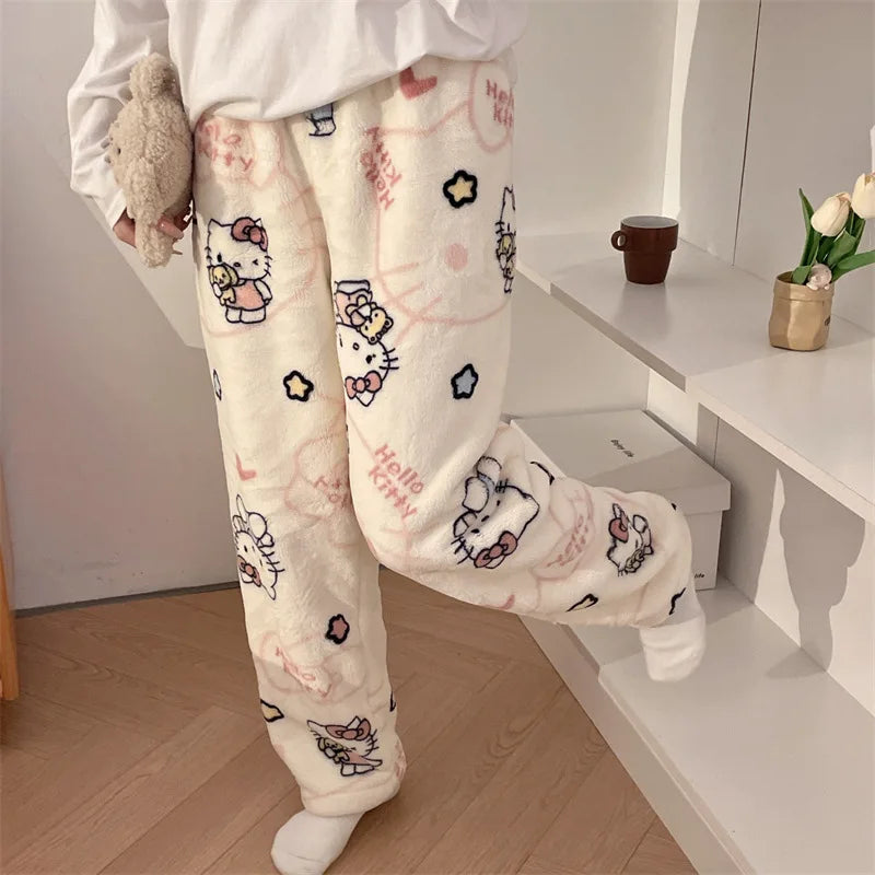HelloKitty Warm Coral Velvet Sleepers Women's Flannel and Velvet Thick Pants Sleepwear Plush Large Home Pants