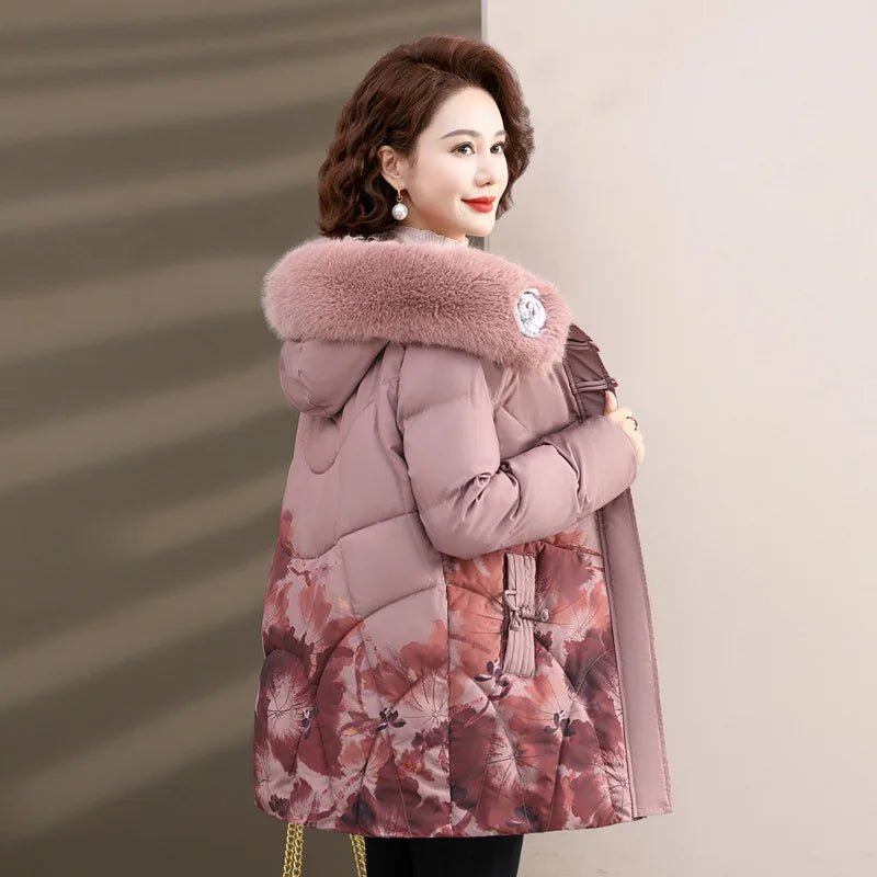 Women's Clothes Middle Aged Women Winter Jacket Long Warm Parkas Female printing Coat Thicken Cotton Padded Hooded Jacket