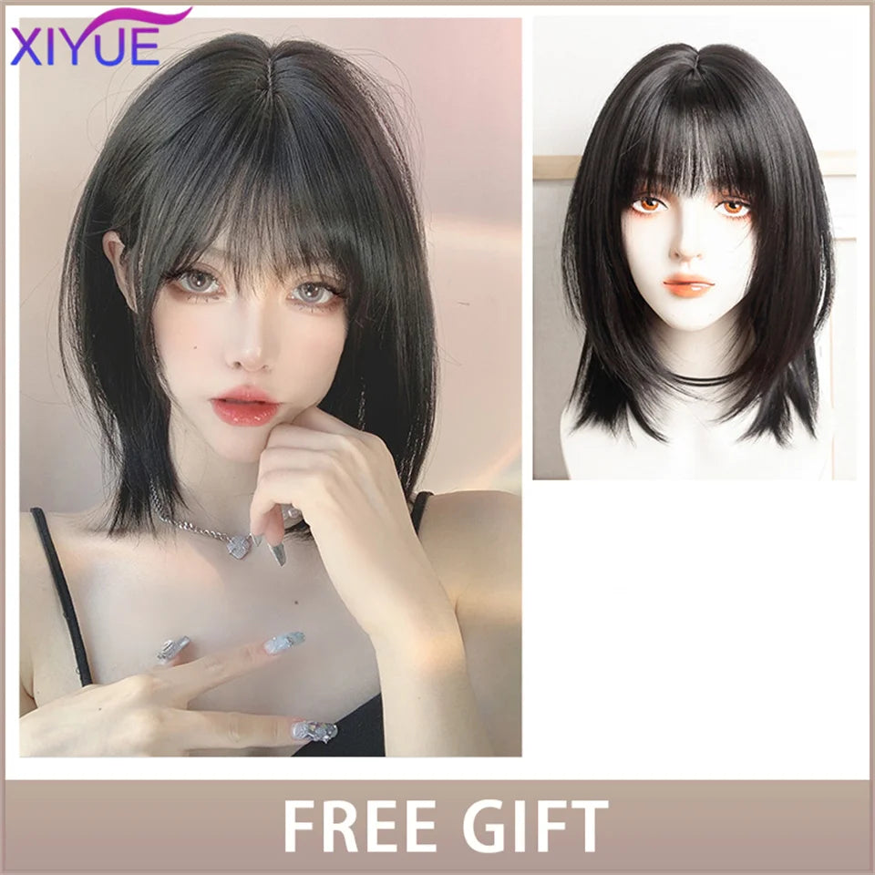 XIYUE Long Straight Black Wig With Bang Synthetic Wigs for Women Heat Resistant Natural Hair for Daily Halloween Cosplay Party