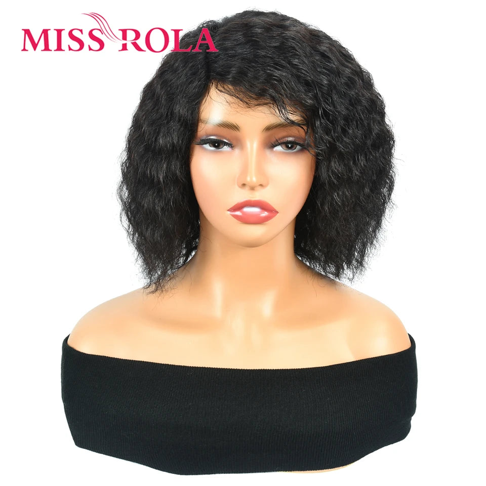 Miss Rola Brazilian 4X1 Lace Part Human Hair Wigs Right Side Part Water Wave Wig With Bangs Remy Lace Wig 180% Density